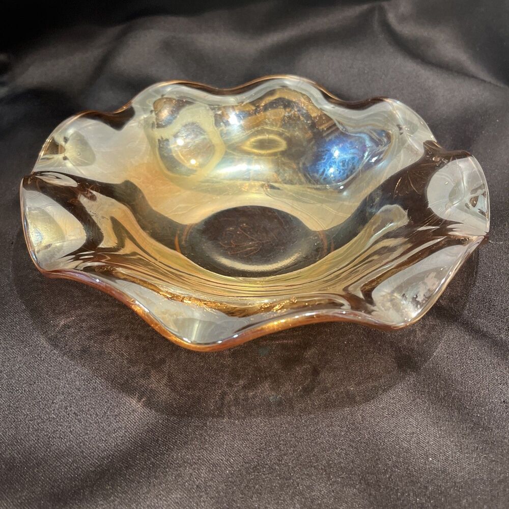 Stunning VTG 9.5” Floragold Jeanette Ruffled Floral Serving Bowl Carnival Glass
